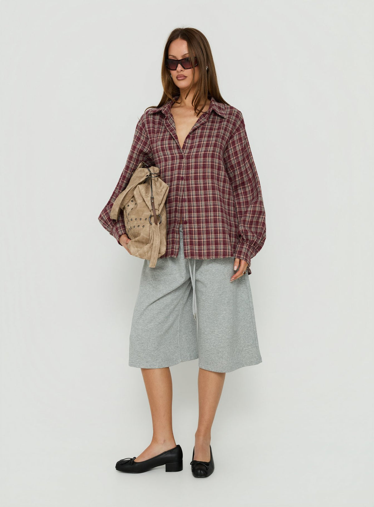 Caydence Long Sleeve Button Down Flannel Top Burgundy Check