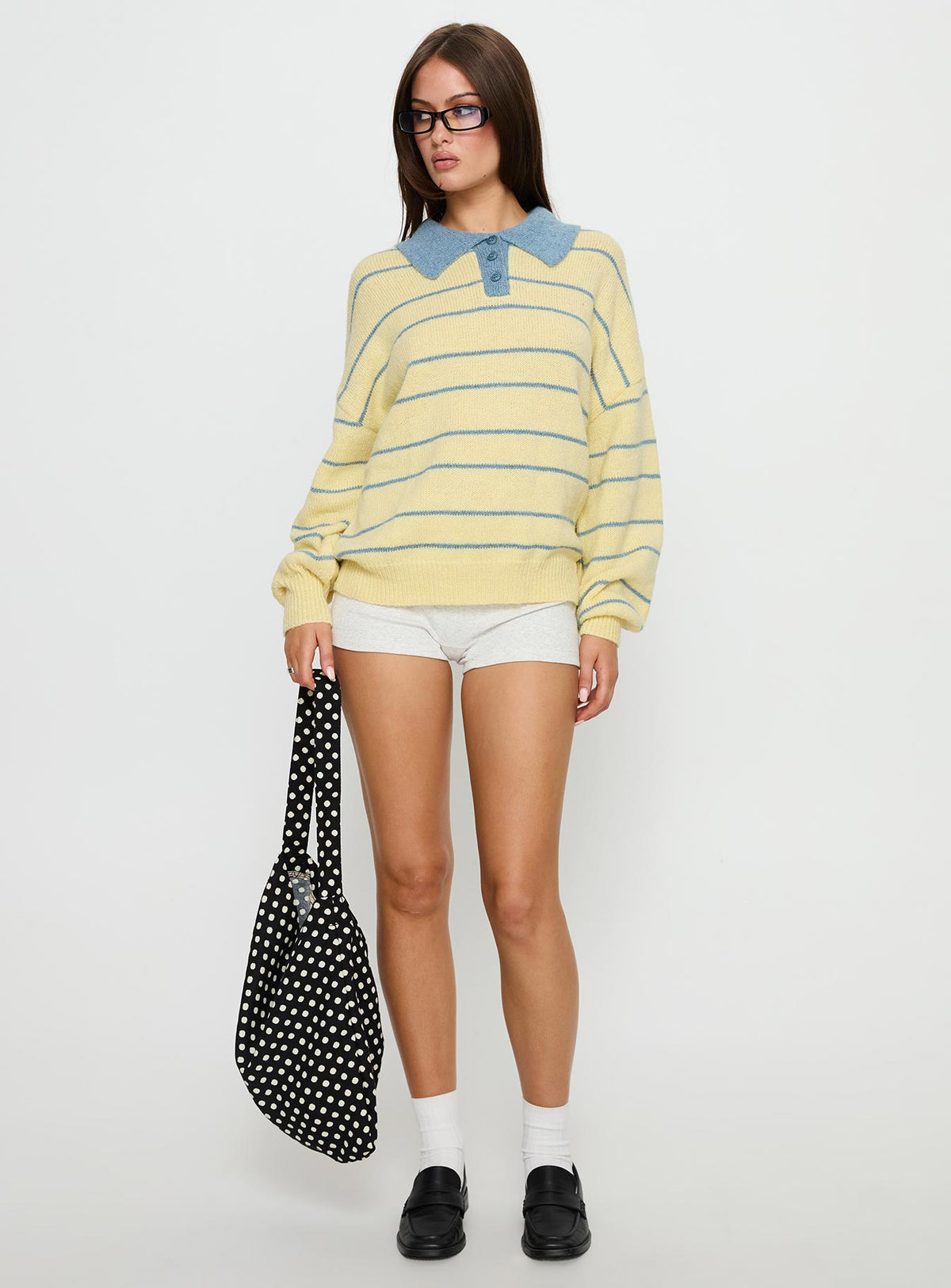 front view of model wearing Princess Polly Minda Collared Knit Sweater Yellow Stripe Jumpers 