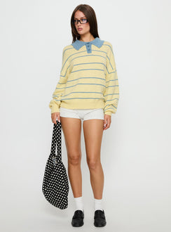 front view of model wearing Princess Polly Minda Collared Knit Sweater Yellow Stripe Jumpers 