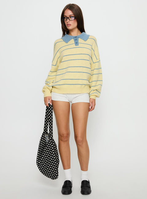 front view of model wearing Princess Polly Minda Collared Knit Sweater Yellow Stripe Jumpers 
