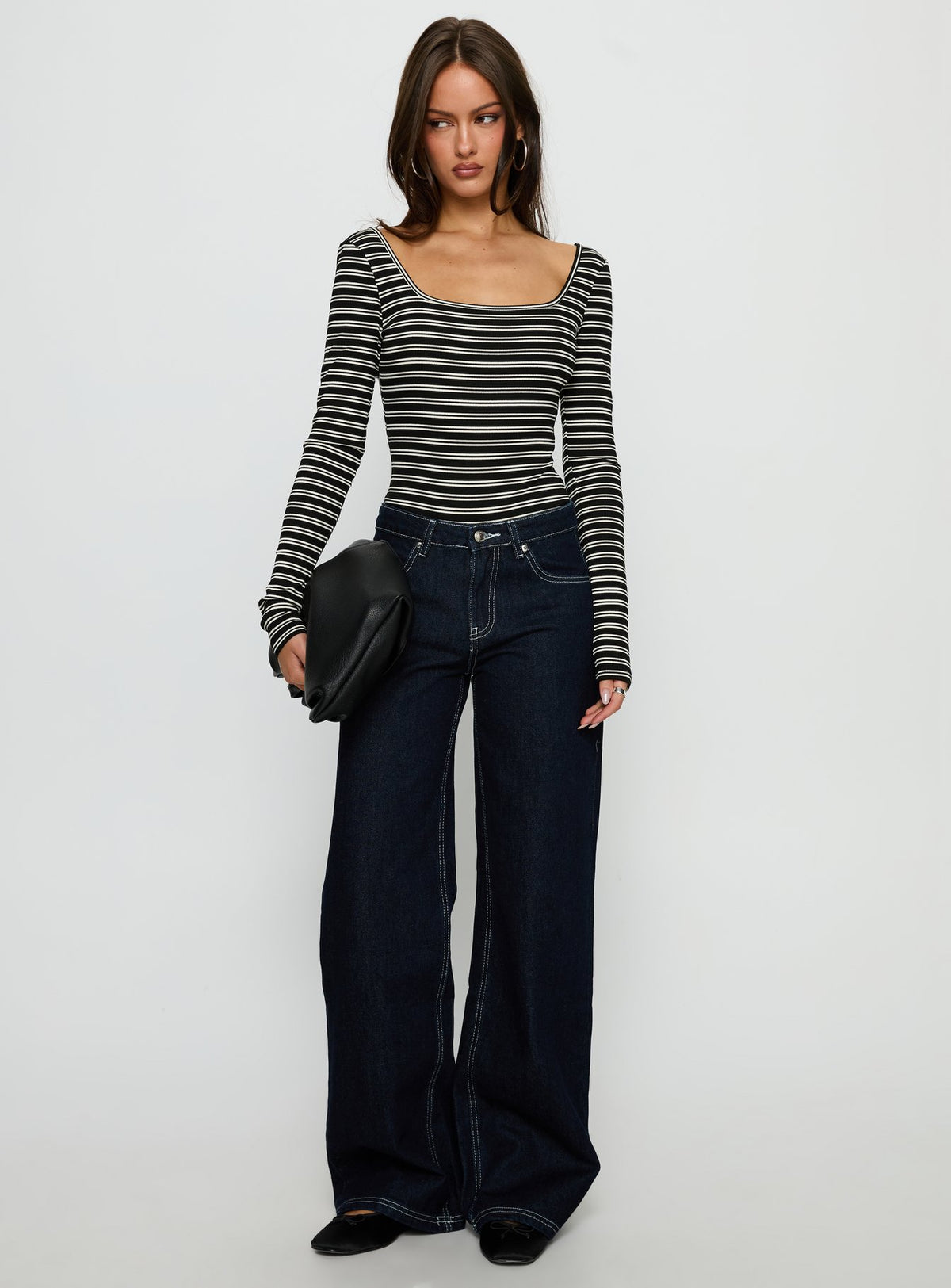 front view of model wearing Princess Polly Donica Square Neck Long Sleeve Bodysuit Grey Stripe Long Sleeve Tops Bodysuit 