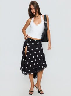  side view of model wearing Princess Polly Dulciana High Split Asymmetrical Midi Skirt Black / Polka Dot Midi Skirts Skirts 