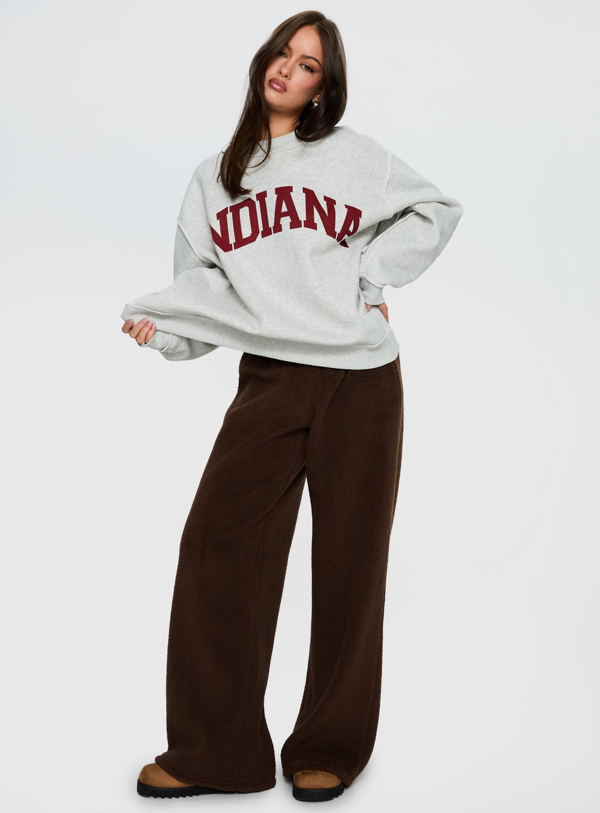front view of model wearing Princess Polly When In Indiana Jumper Grey Jumpers 
