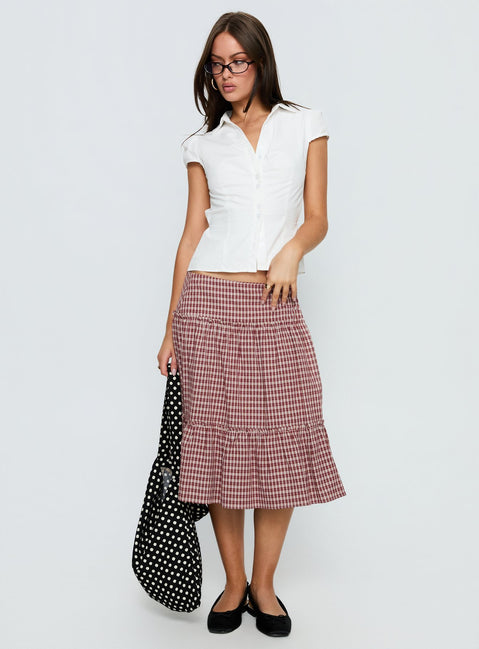   front view of model wearing Princess Polly Cascades Low Rise Midi Skirt Red Check Midi Skirts Skirts 