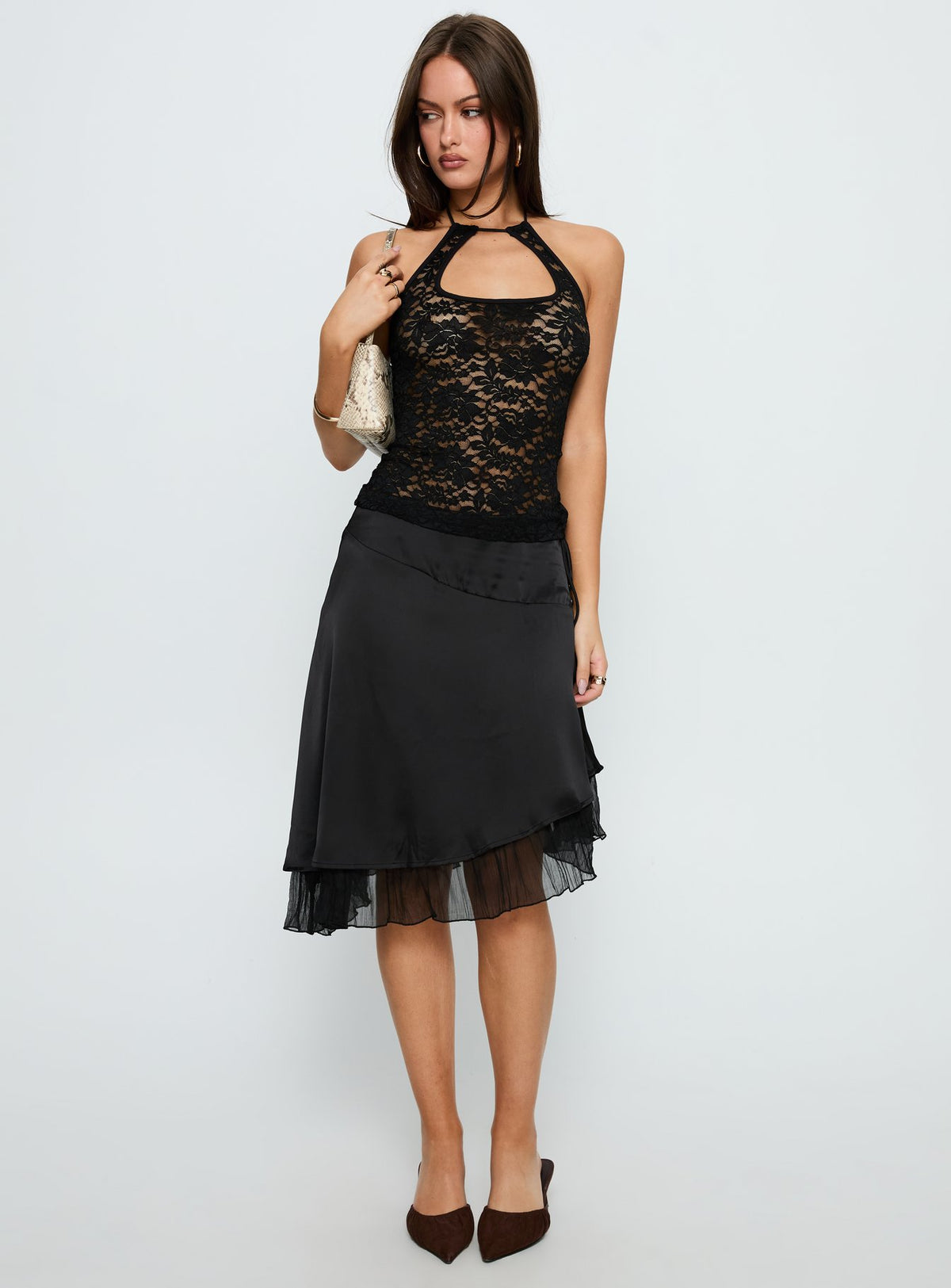 Janais Lace Tie Neck Top Black
