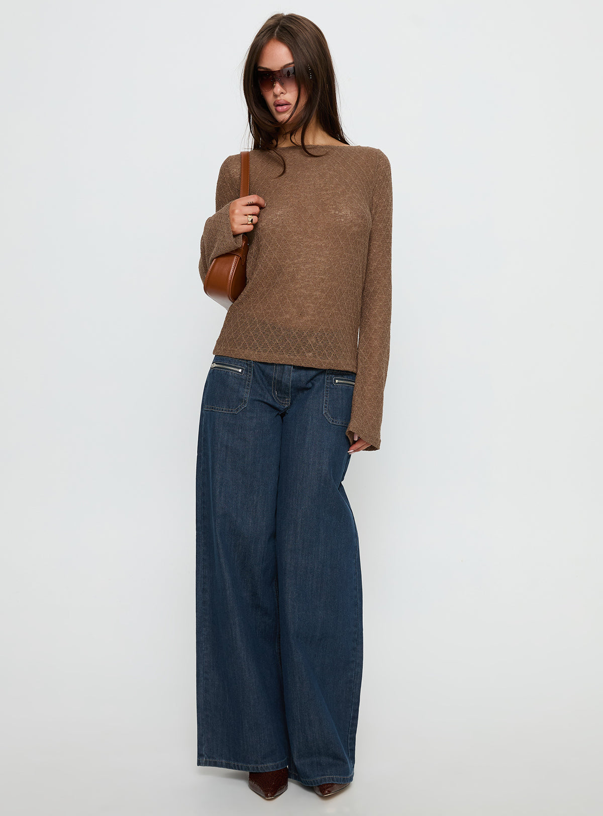 Tuppence Textured Long Sleeve Top Brown