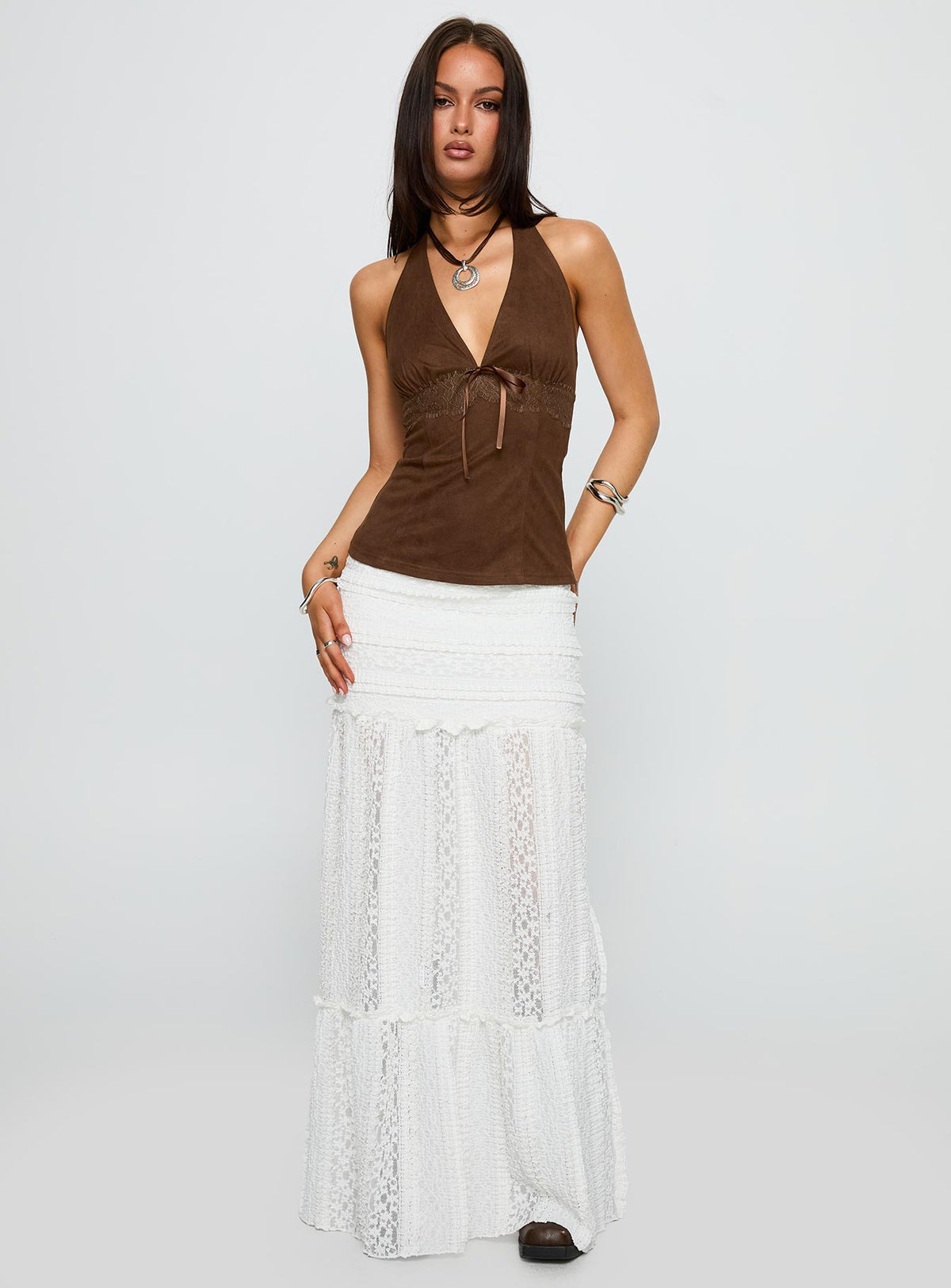 side view of model wearing Princess Polly Dance For You Faux Suede Halter Top Brown Sleeveless V-Neck 
