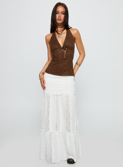 side view of model wearing Princess Polly Dance For You Faux Suede Halter Top Brown Sleeveless V-Neck 