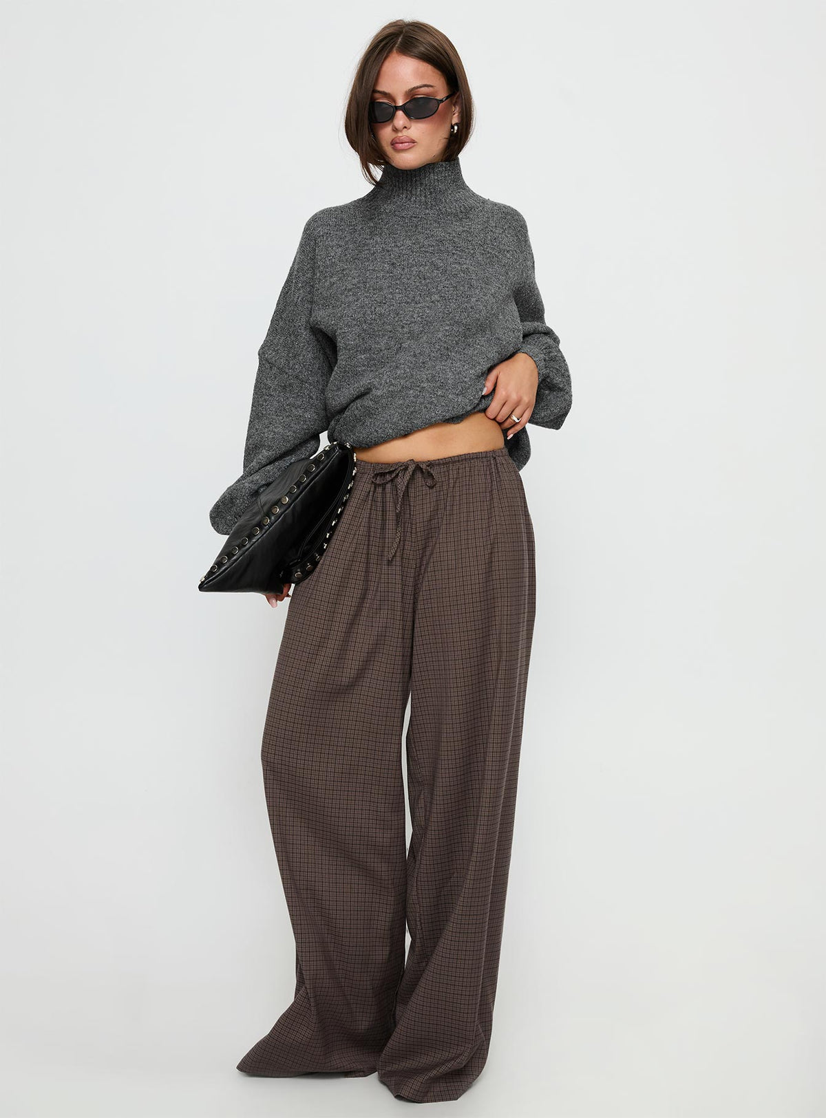 front view of model wearing Princess Polly Bungala Oversized Relaxed Pants Brown Check Mid Rise Pants Pants 