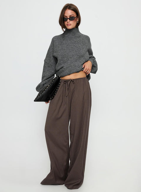 front view of model wearing Princess Polly Bungala Oversized Relaxed Pants Brown Check Mid Rise Pants Pants 