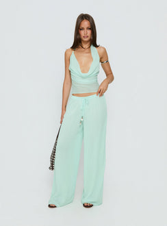 front view of model wearing Princess Polly Distinction Chiffon Pants Aqua Mid Rise Pants Pants 