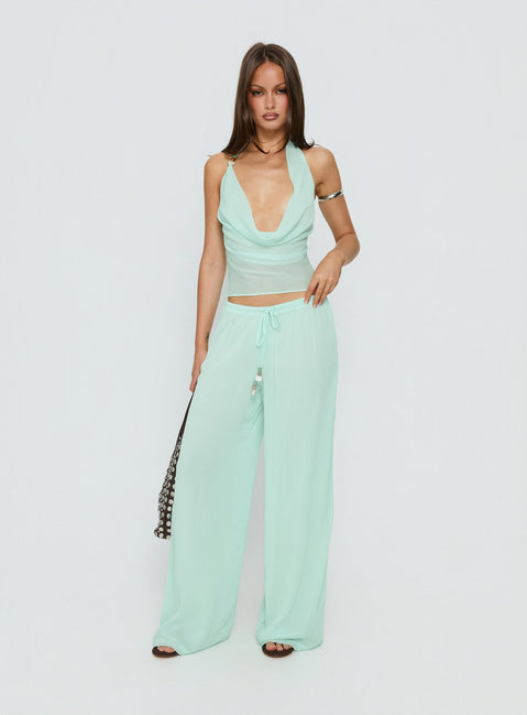 front view of model wearing Princess Polly Distinction Chiffon Pants Aqua Mid Rise Pants Pants 