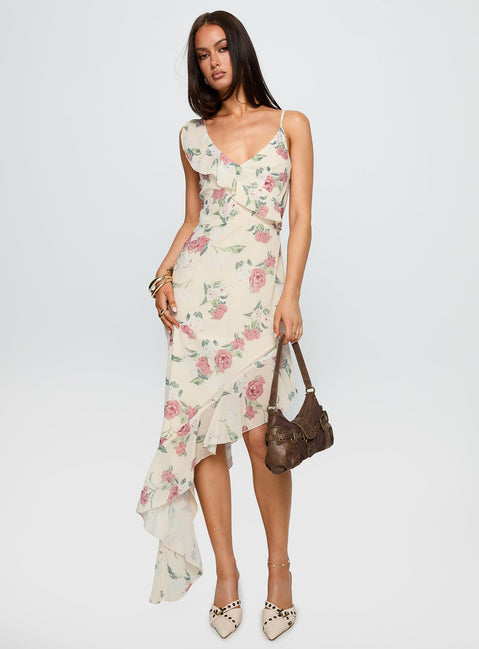 side view of model wearing Princess Polly Chrysalis Asymmetrical Midi Dress Multi Floral V-Neck 