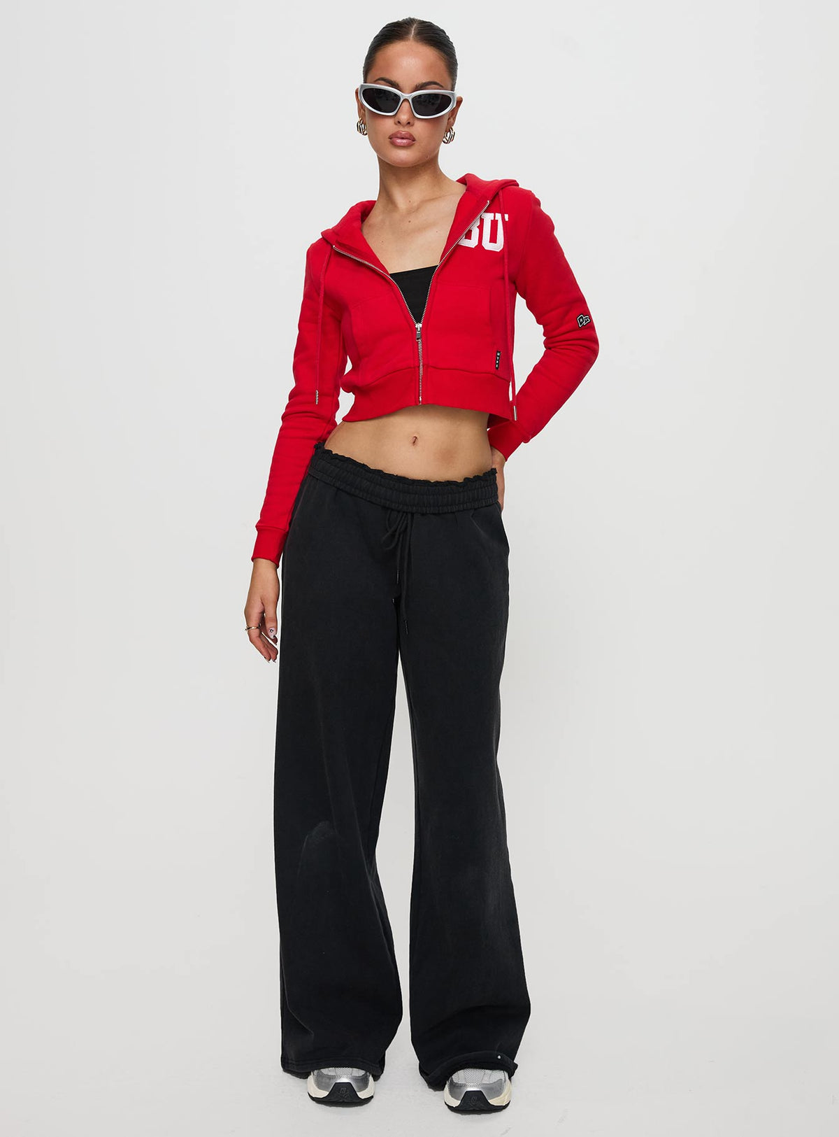 side view of model wearing Princess Polly BU MIA Zip Sweater Red cropped Jumpers 