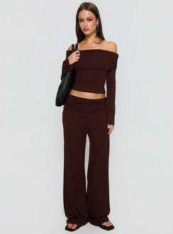 front view of model wearing Princess Polly Fawne Ruched Folded Pants Brown Mid Rise Pants Pants 
