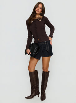 front view of model wearing Princess Polly Chiqueeta Faux Fur Trim Knit Cardigan Brown cropped Jumpers 