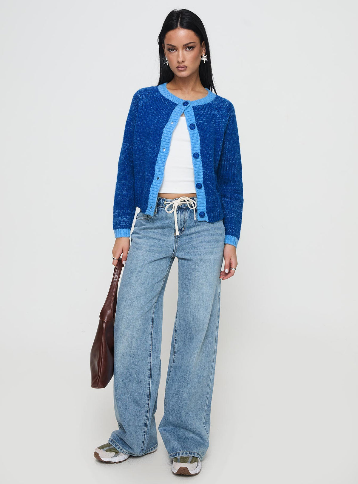 back view of model wearing Princess Polly Oak Meadow Cardigan Blue Jumpers 
