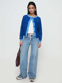 back view of model wearing Princess Polly Oak Meadow Cardigan Blue Jumpers 