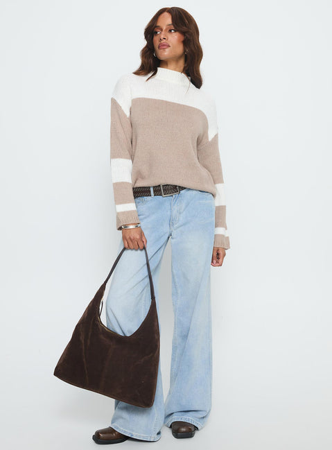 front view of model wearing Princess Polly Brandalyn Contrast Mock Neck Knit Sweater Multi Jumpers 