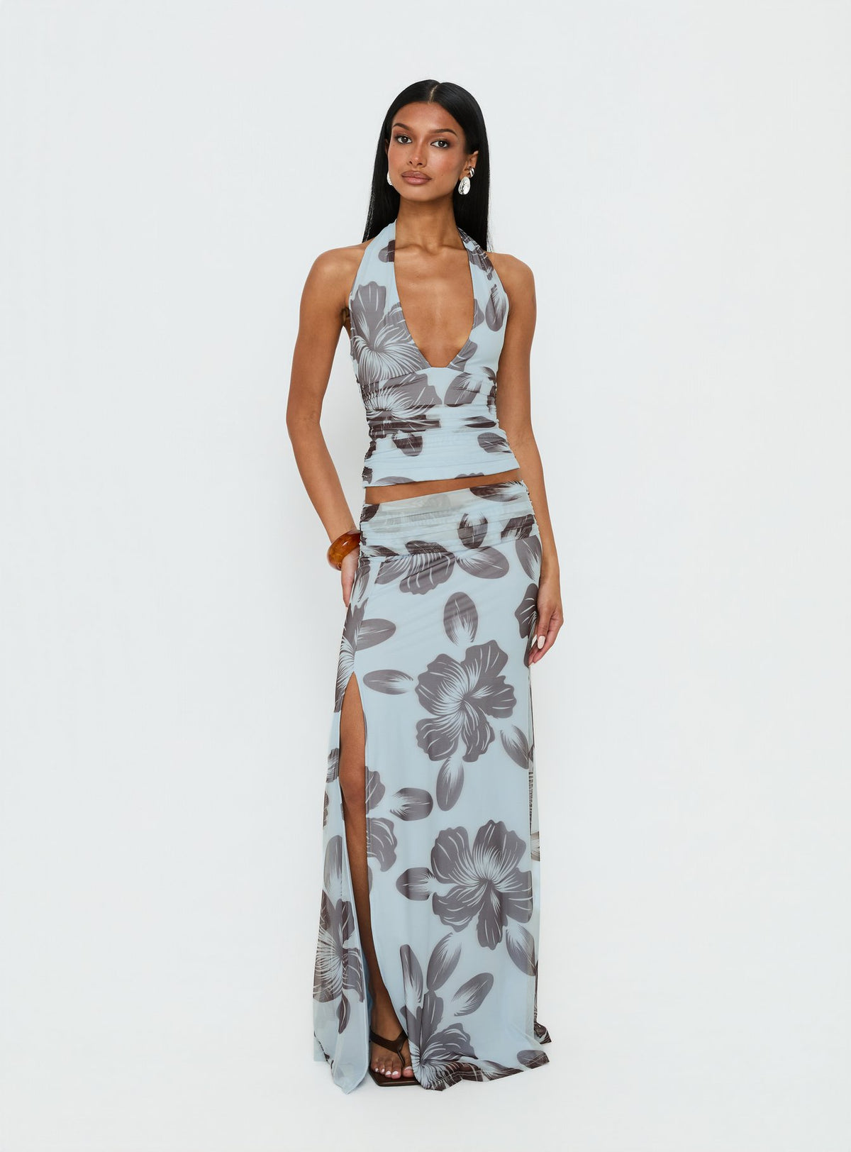   front view of model wearing Princess Polly Roselin Mesh Maxi Skirt Blue Floral Skirts 
