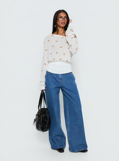 side view of model wearing Princess Polly Harvy Off Shoulder Knit Sweater White Polka regular Jumpers 