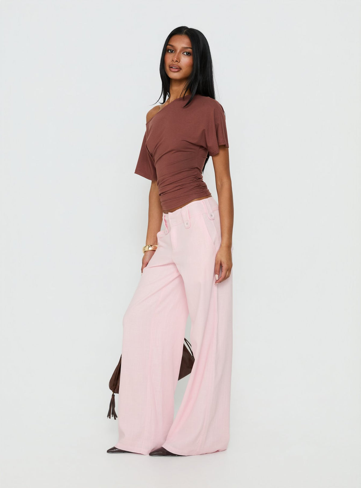 side view of model wearing Princess Polly Pedra Wide Leg Pant Pink Mid Rise Pants Pants 