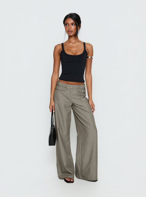 front view of model wearing Princess Polly Jette Tailored Buckle Pant Taupe Pinstripe Mid Rise Pants Pants 
