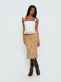   side view of model wearing Princess Polly Moses Midi Skirt Paisley Midi Skirts Skirts 