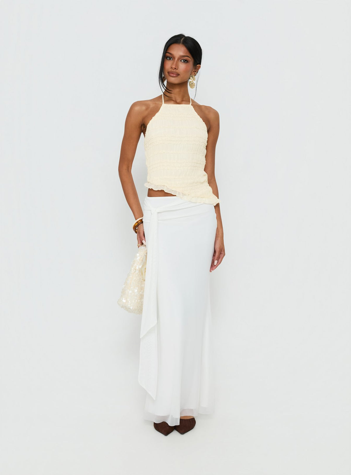   front view of model wearing Princess Polly Caviar Tie Maxi Skirt White Maxi Skirts Skirts 