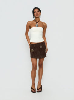   front view of model wearing Princess Polly Nanci Beaded Mini Skirt Brown Mini Skirts Skirts 
