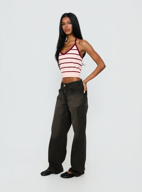 side view of model wearing Princess Polly Korinne Low Rise Baggy Jeans Washed Charcoal Low Rise Jeans Jeans 