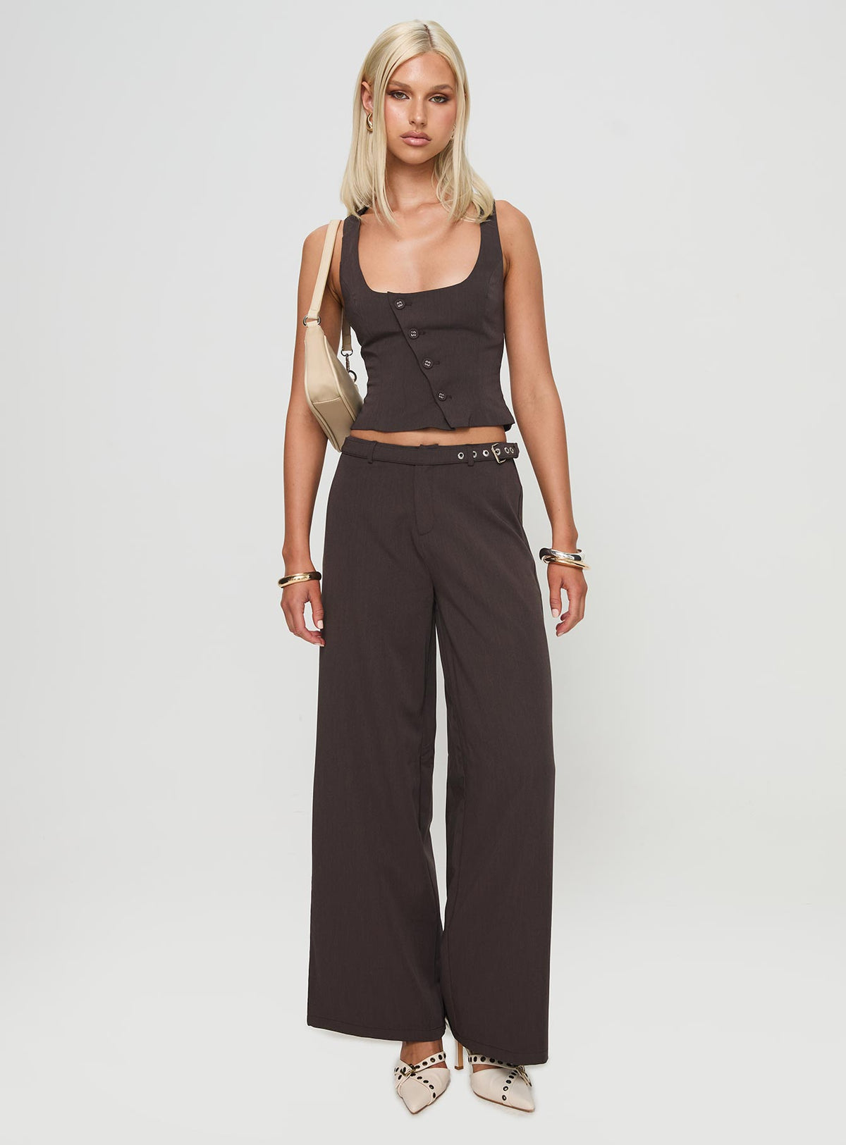 front view of model wearing Princess Polly Miku Pants Brown Mid Rise Pants Pants 