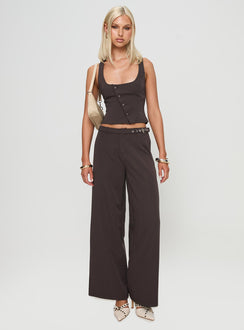 front view of model wearing Princess Polly Miku Pants Brown Mid Rise Pants Pants 