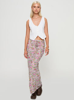   side view of model wearing Princess Polly Emily Maxi Skirt Pink Floral Maxi Skirts Skirts 