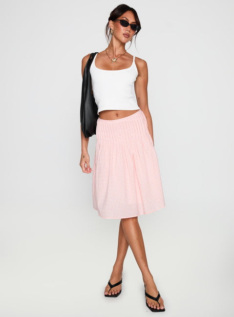   front view of model wearing Princess Polly Maryanna Midi Skirt Pink Gingham Skirts 