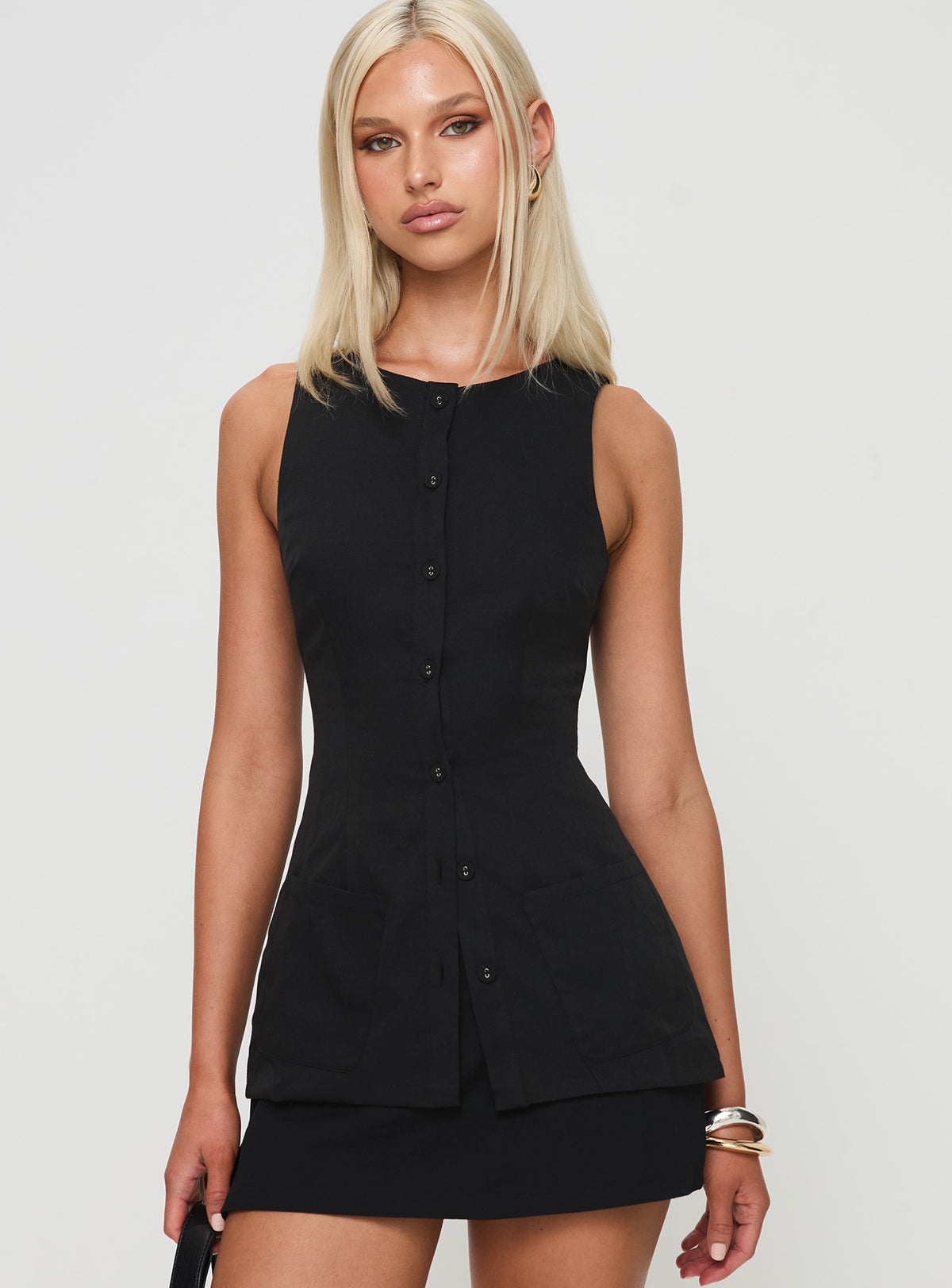 front view of model wearing Princess Polly Mystick Vest Top Black Sleeveless Crew Neck 