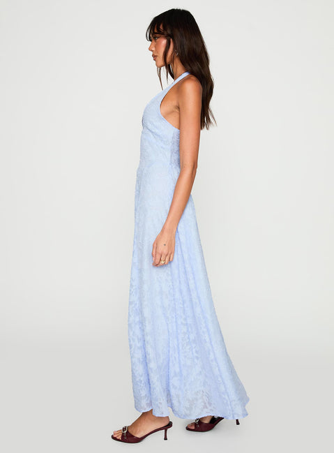 side view of model wearing Princess Polly Hours In Silence Drop Waist Maxi Dress Blue Plunger 