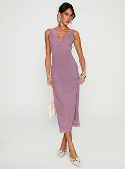 front view of model wearing Princess Polly Between The Lines Lace Trim Maxi Dress Purple Plunger 