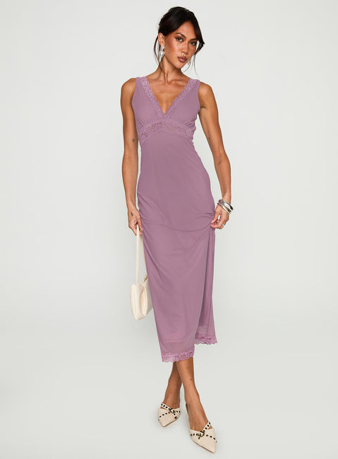 front view of model wearing Princess Polly Between The Lines Lace Trim Maxi Dress Purple Plunger 