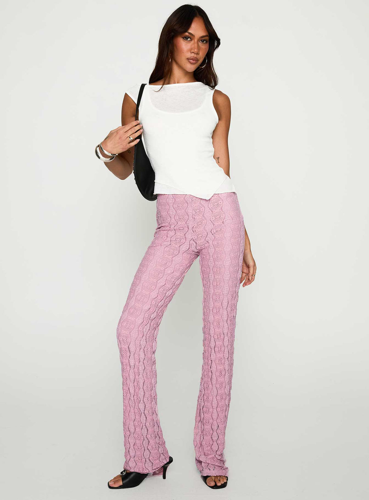 front view of model wearing Princess Polly Carnivale Pants Pink High Rise Pants Pants 
