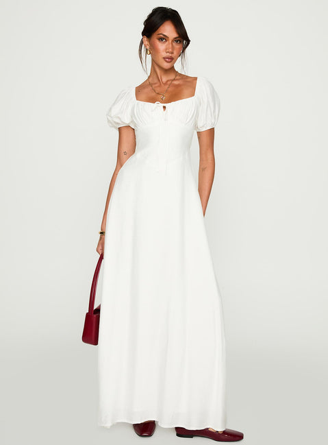 side view of model wearing Princess Polly Summer Song Maxi Dress White Scoop Neck 