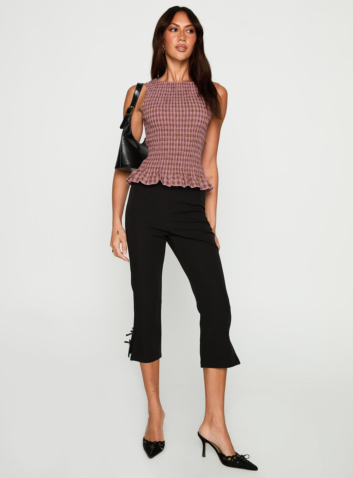 front view of model wearing Princess Polly Chauntelle Ruched Top Pink Check Sleeveless Crew Neck 