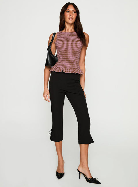 front view of model wearing Princess Polly Chauntelle Ruched Top Pink Check Sleeveless Crew Neck 