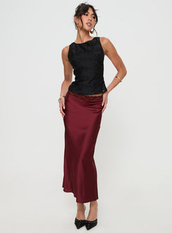   front view of model wearing Princess Polly The Charmaine Maxi Skirt Burgundy Midi Skirts Skirts 
