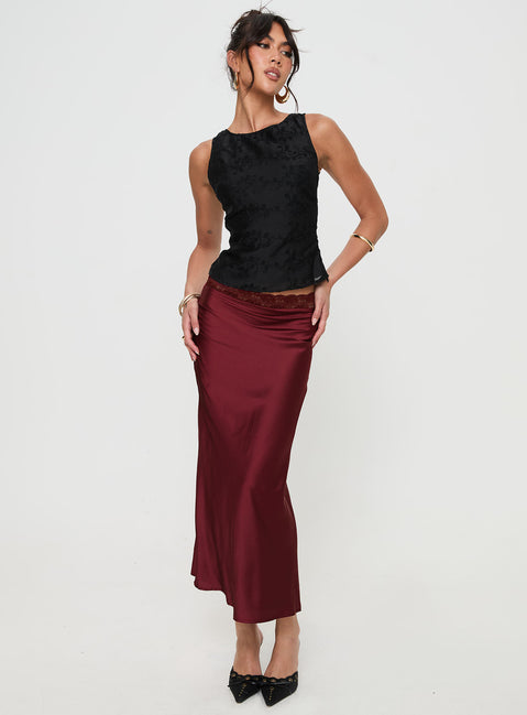   front view of model wearing Princess Polly The Charmaine Maxi Skirt Burgundy Midi Skirts Skirts 