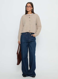 Featuring the Raynna Button Up Cardigan Beige Stripe womens jumpers in short length front view of model wearing Princess Polly