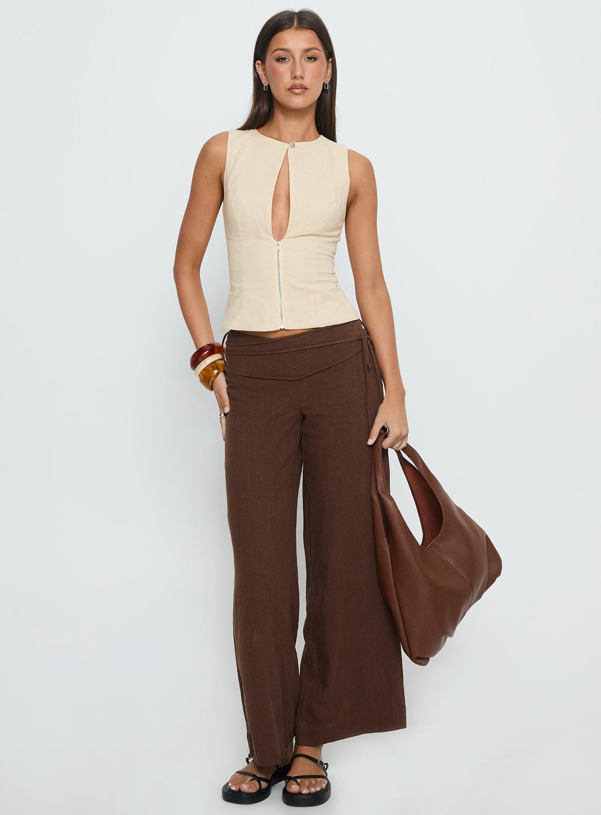front view of model wearing Princess Polly Silver Moon Linen Blend Tie Pants Brown Mid Rise Pants Pants 
