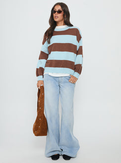 front view of model wearing Princess Polly Ardentia Crew Neck Knit Sweater Aqua Stripe Longline Jumpers Jumpers 