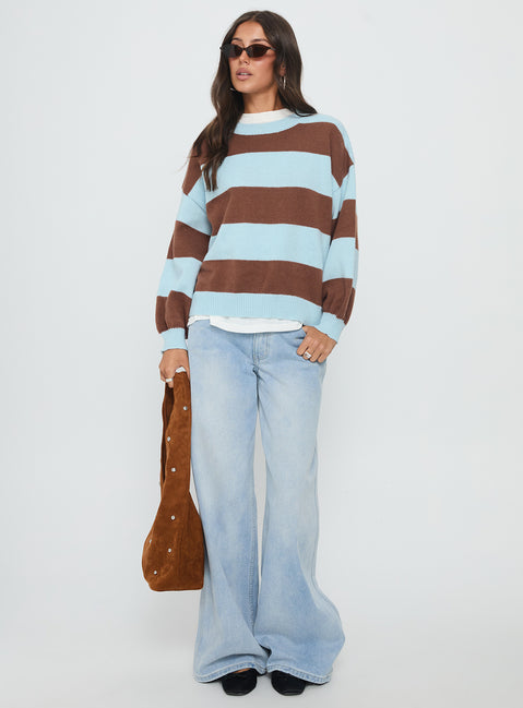 front view of model wearing Princess Polly Ardentia Crew Neck Knit Sweater Aqua Stripe Longline Jumpers Jumpers 