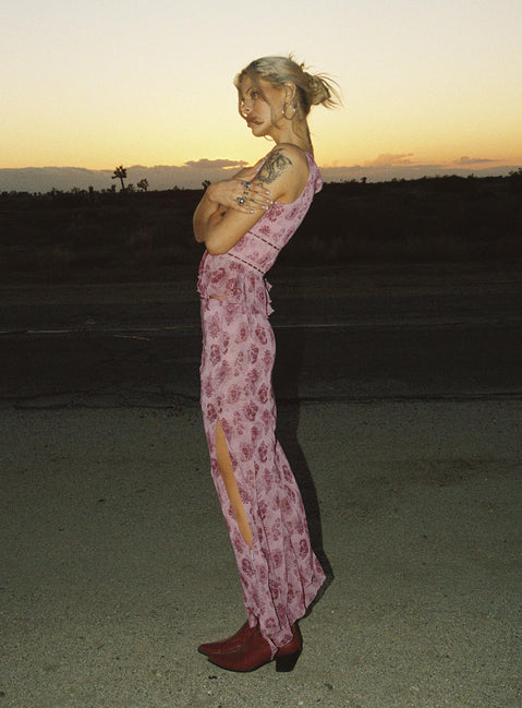 back view of model wearing Princess Polly Nikolise Maxi Skirt Purple Petite Maxi Skirts Skirts 